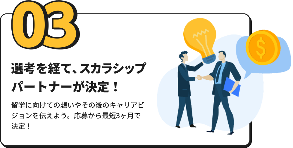 「選考を経て、スカラシップパートナーが決定！」 留学に向けての想いやその後のキャリアビジョンを伝えよう。応募から最短3ヶ月で決定！